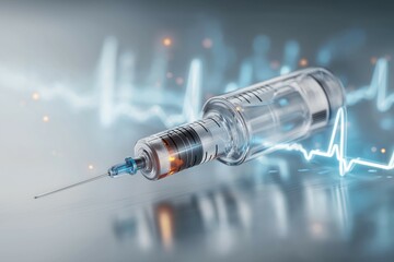 syringe overlaid with a glowing EKG (electrocardiogram) graph in a double exposure style