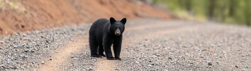 A black bear walking along a rural gravel road in nature.