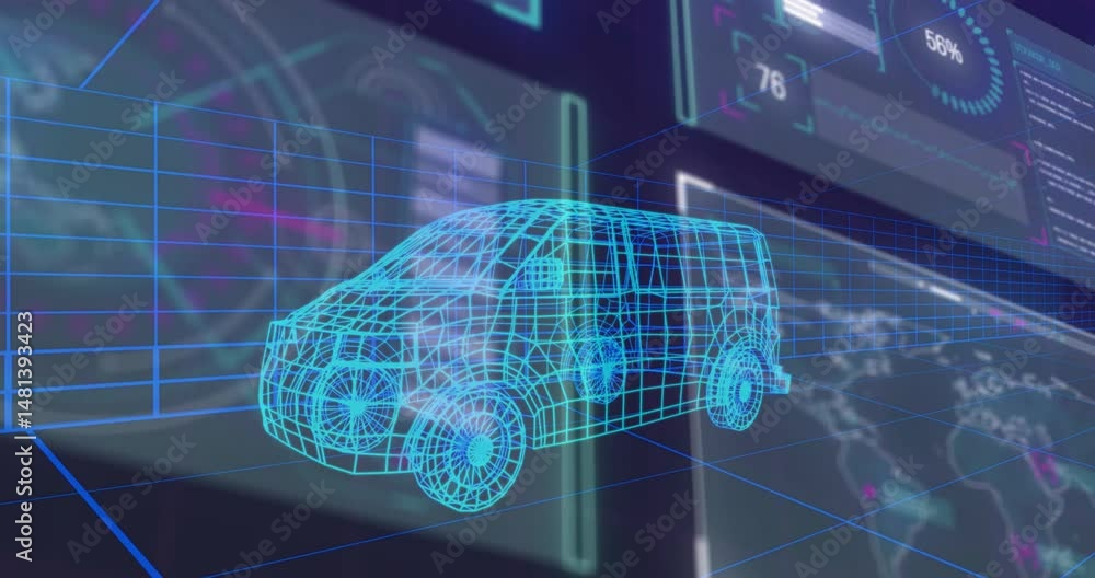 Poster cyan wireframe van model floating in luminous blue 3d grid with interface panels displaying charts