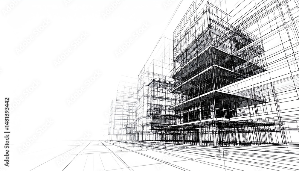 Poster a monochrome architectural sketch showcasing a modern building design with intricate lines and geome