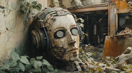Robot Head Amongst Ruins: A Post-Apocalyptic Scene of Technology Decay