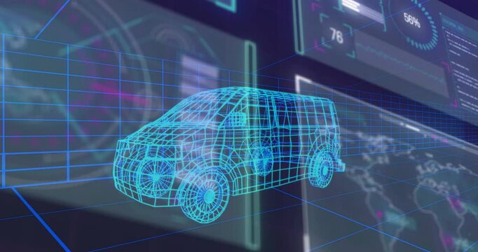 Cyan wireframe van model floating in luminous blue 3D grid with interface panels displaying charts