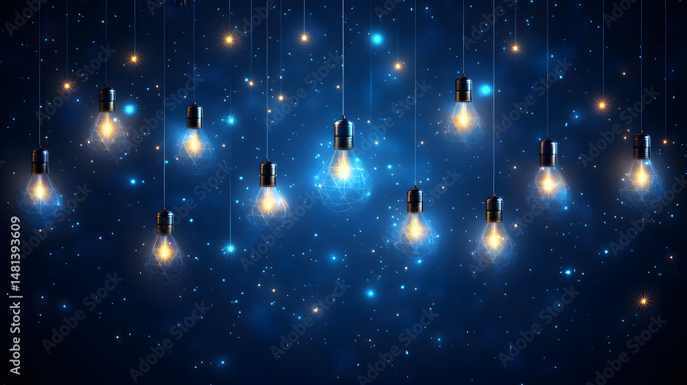 Poster evocative stock image: glowing light bulbs illuminate a starlit expanse, symbolizing innovation and 