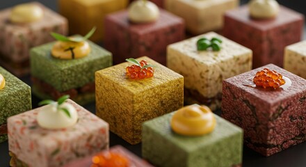 Array of Colorful Cube Appetizers with Various Toppings