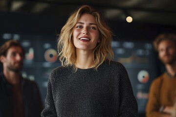 Fototapeta premium Caucasian young female leader smiling in office with colleagues in background