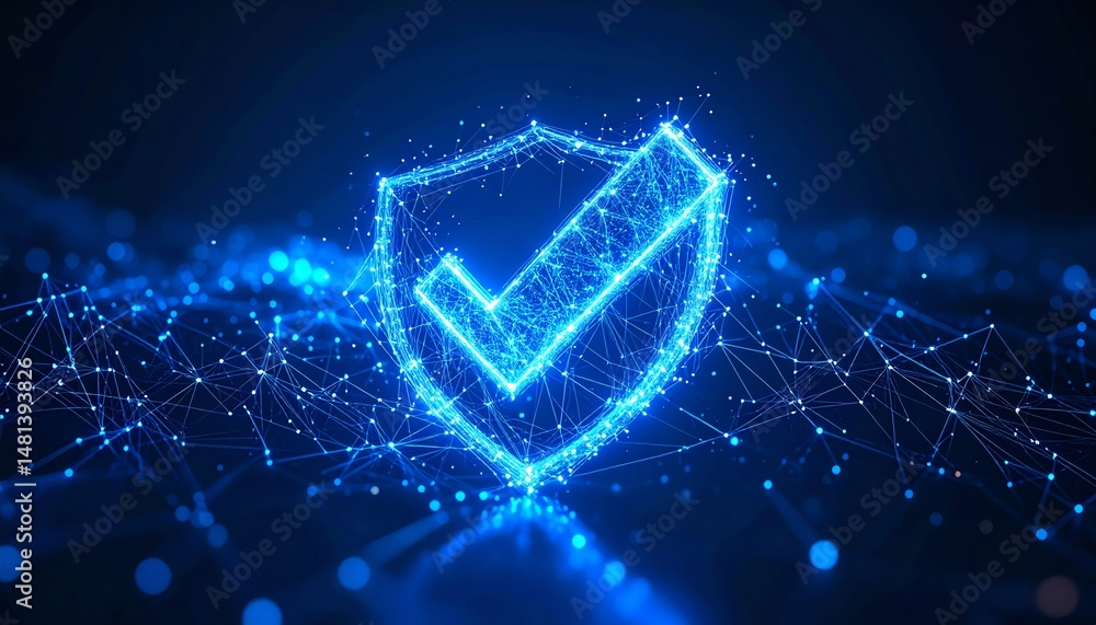 Poster a glowing digital shield with a check mark, symbolizing security and trust in technology and online 