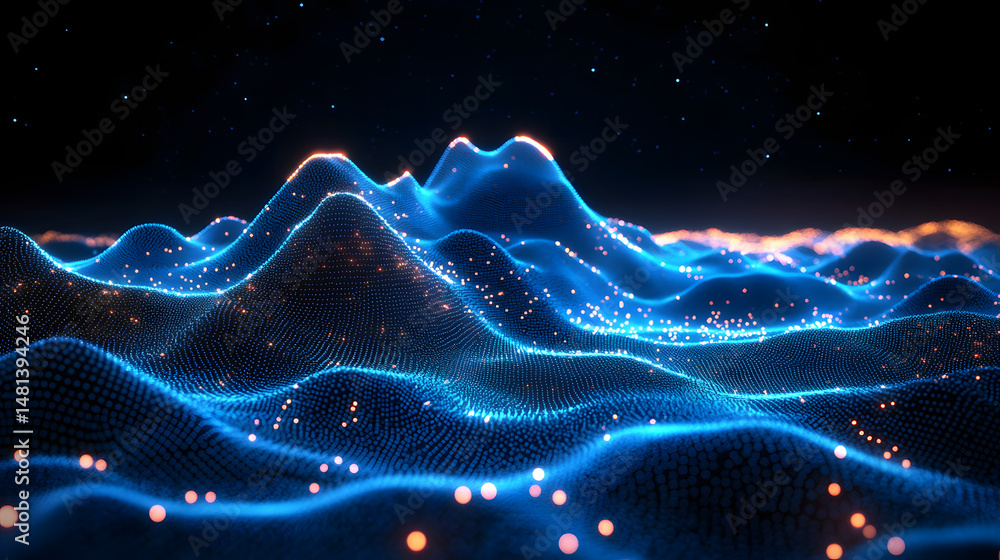 Poster ethereal landscape of glowing blue dots forming abstract mountains under a dark sky. orange orbs add