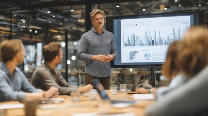Caucasian male presenting data to colleagues in modern office meeting