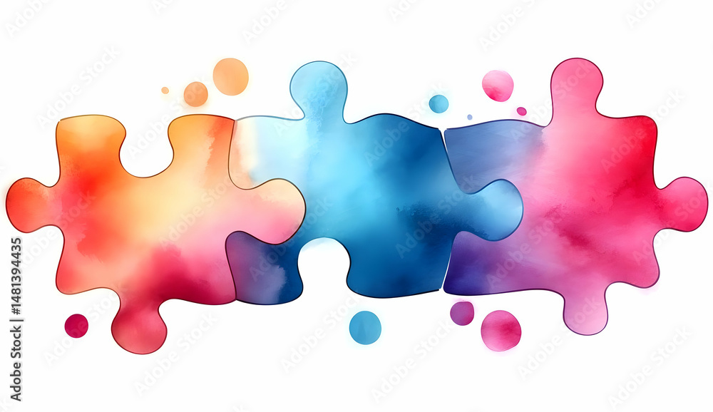 Poster Vibrant watercolor puzzle pieces blend together in a harmonious display of color, symbolizing problem-solving and creativity. Ideal for creative projects.