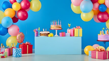 Fototapeta premium Colorful birthday party scene with cakes, gifts, and balloons.