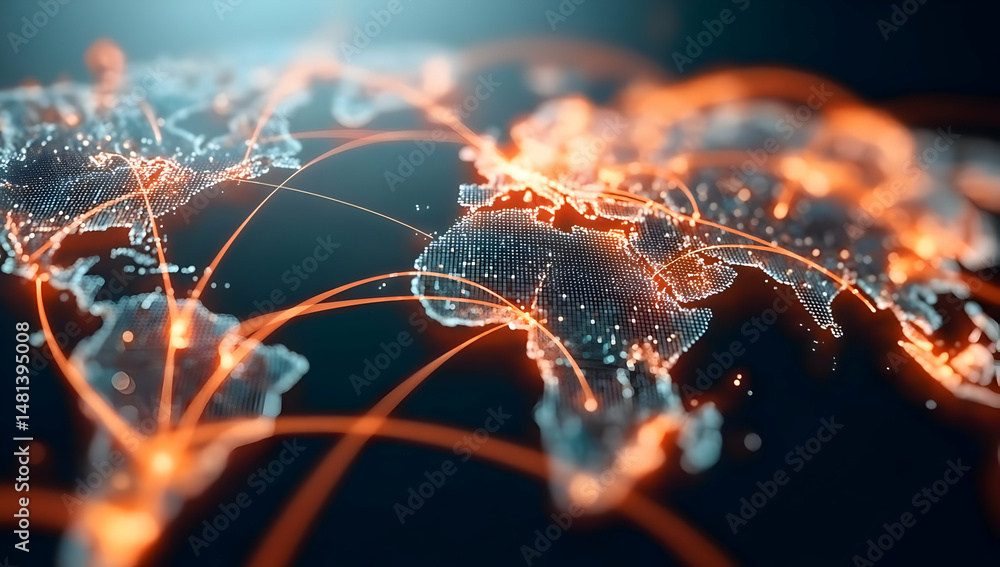 Poster a vibrant digital map with glowing connections, illustrating global networking, technology, and data