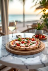 margherita pizza on a wooden chopping board, luxury restaurant in the background