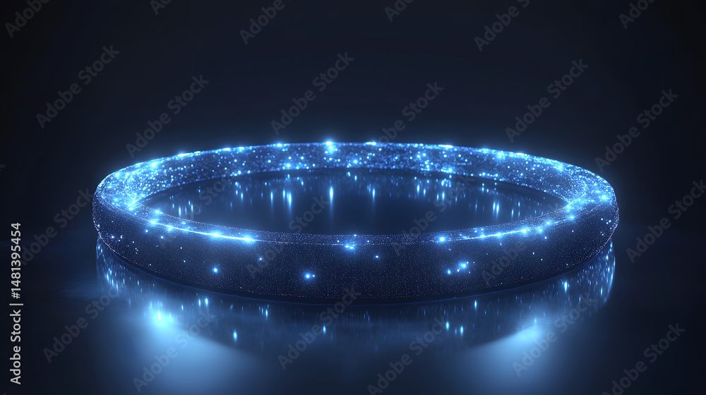Poster mesmerizing ring of blue light, shimmering on a reflective surface against a dark backdrop. perfect 