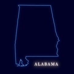 Abstract neon Alabama map outline isolated on dark background 