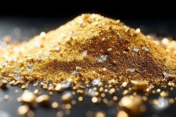 A shimmering mound of gold dust sparkles under soft illumination, showcasing its allure and value, perfect for highlighting wealth and treasure.