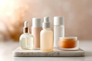 A collection of skincare products showcasing various jars and bottles on a marble surface, emphasizing beauty and self-care in a serene environment.
