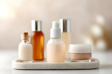 A serene arrangement of skincare products, showcasing beauty essentials on a minimalistic tray, reflecting modern aesthetics and self-care rituals.