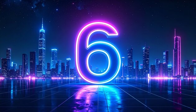 A vibrant cityscape at night features a glowing neon number 6, surrounded by futuristic skyscrapers and a starry sky