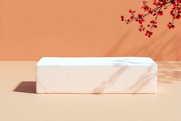 Minimalist Marble Product Display Podium with Red Floral Accent. Stylish Presentation Platform for Cosmetics, Jewelry, or Skincare Products.