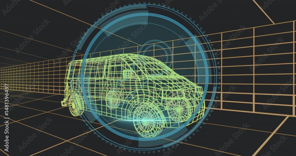 Poster neon green suv wireframe model rotating in virtual grid tunnel, displaying blue hud key interface