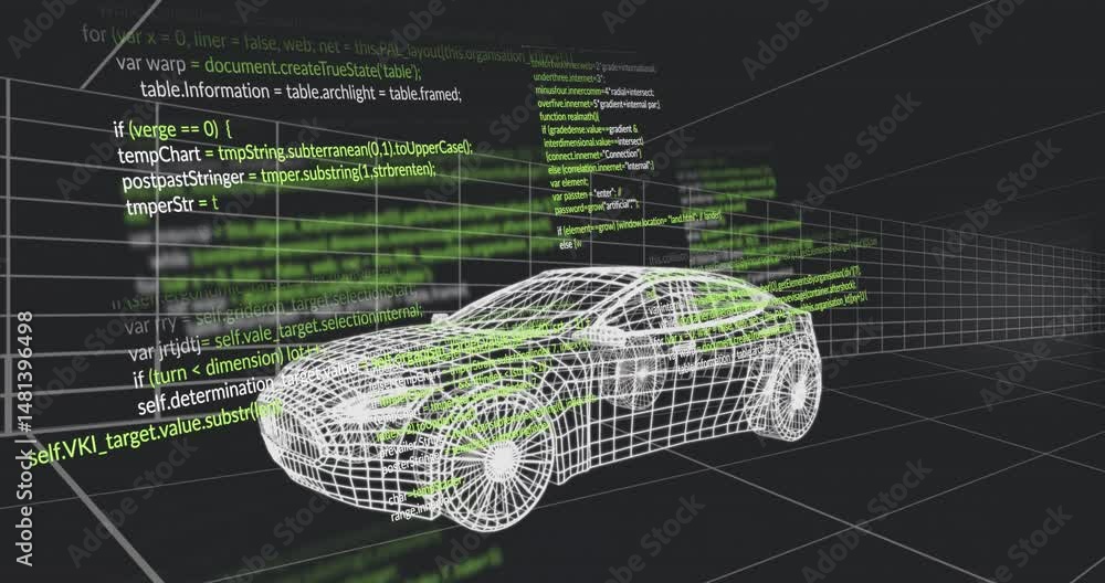 Aufkleber wireframe car model rotating inside virtual grid room, displaying scrolling code lines in 3d render