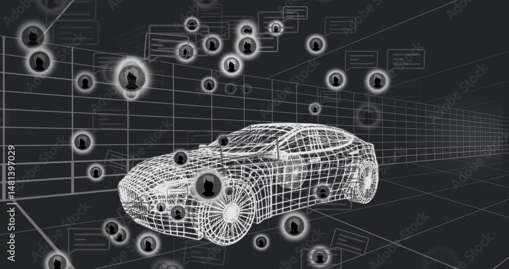 Poster wireframe car navigating 3d grid network, showing floating avatar icons and chat bubble connections
