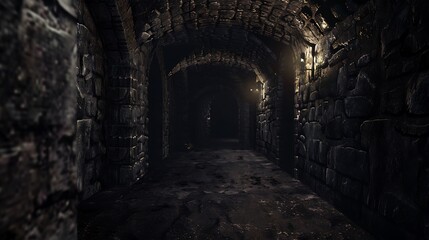 Dark Stone Tunnel Interior With Vaulted Archway And Dim Lighting Effects