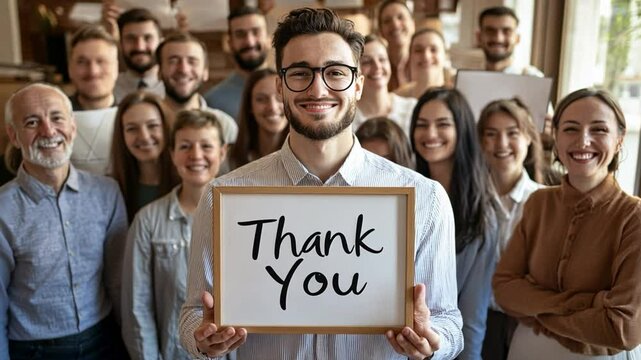 Grateful Group: A diverse group of smiling individuals holds a sign saying "Thank You", expressing heartfelt gratitude. They represent appreciation. 