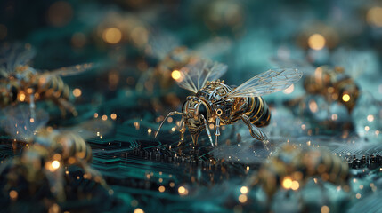 Mechanical bees on chrome hive structure, symbolizing swarm intelligence and distributed AI coordination