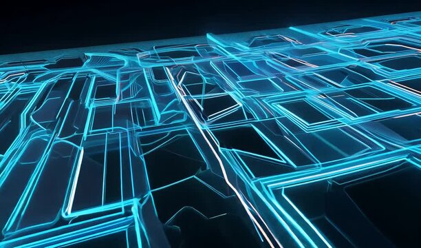 Abstract neon rows of squares of narrow glowing lines, convex texture. Design. Grid neon animation motion graphics.