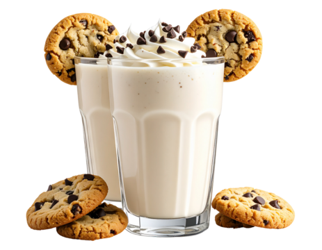 Two glasses of creamy milkshake topped with whipped cream and chocolate chips, garnished with cookies