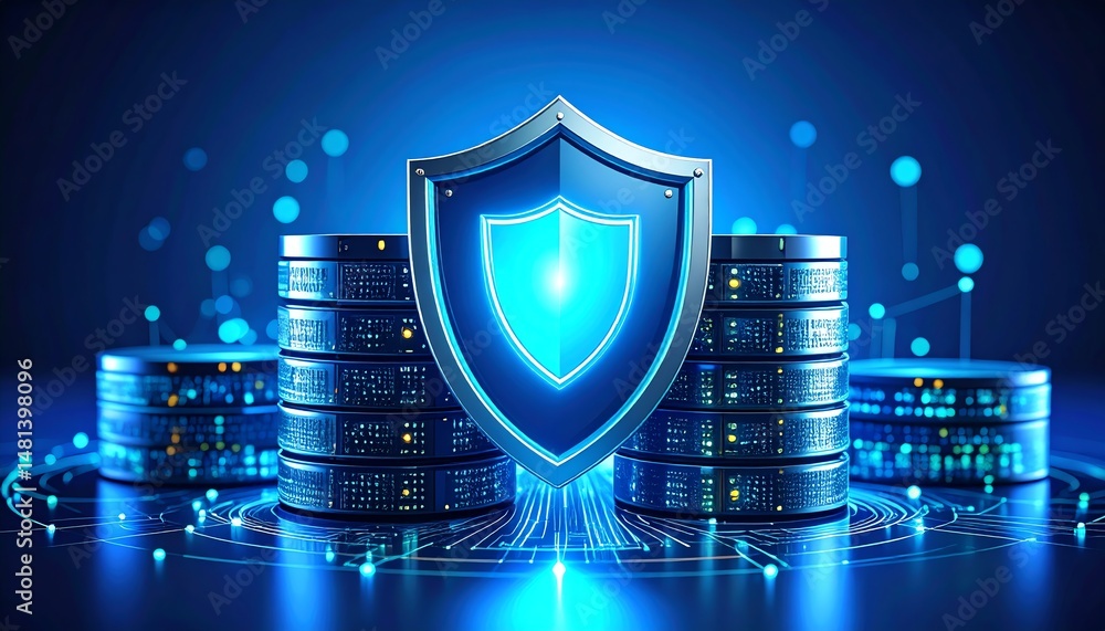 Poster a digital shield symbolizing cybersecurity, surrounded by data servers, representing protection and 