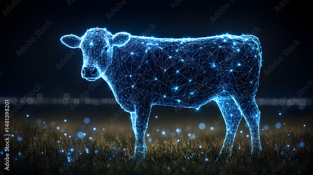 Aufkleber futuristic blue cow grazes in a bokeh-lit field under distant city lights. a striking, modern abstra