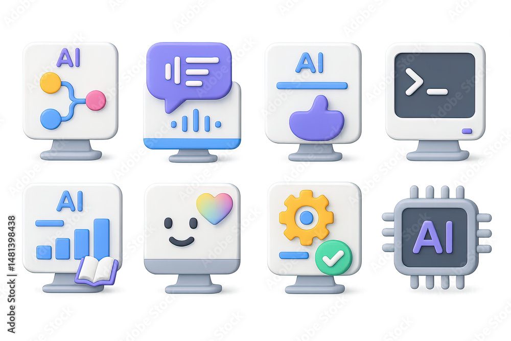 Poster ai and tech 3d icons set – isometric, machine learning, digital symbols