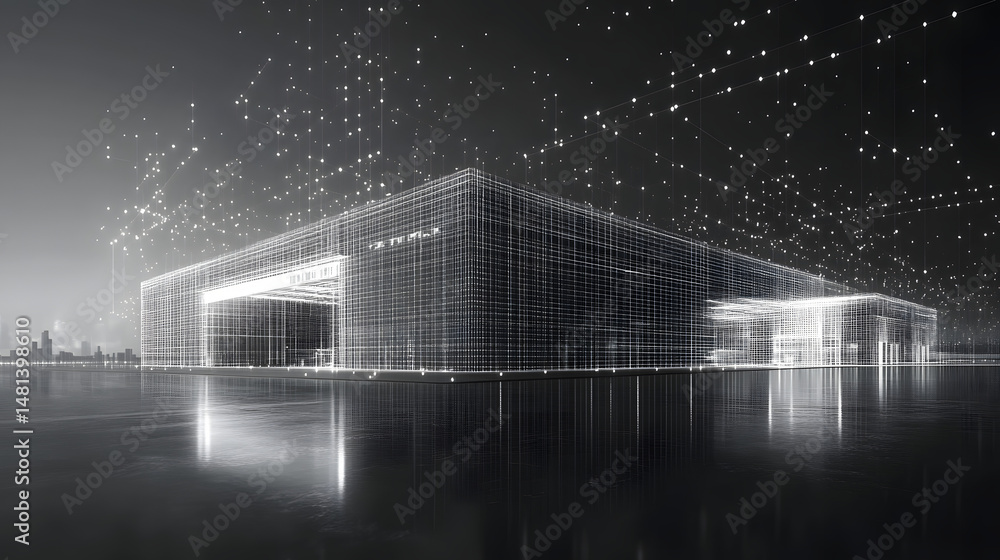 Poster modern architecture wireframe rendering on reflective surface. digital data network above building i