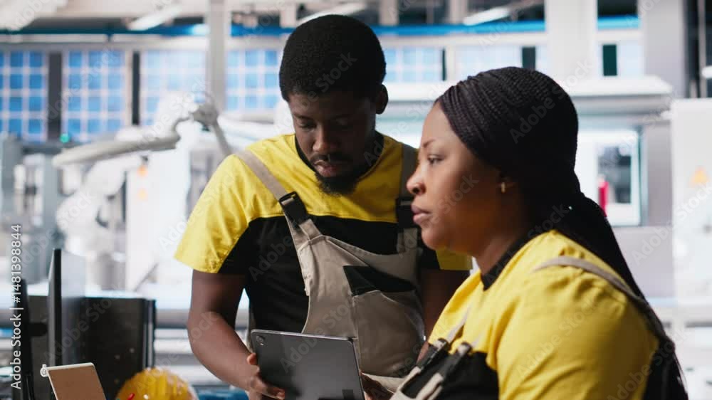 Poster engineers team in photovoltaics factory reviewing guidelines to diagnose malfunctioning systems. sol
