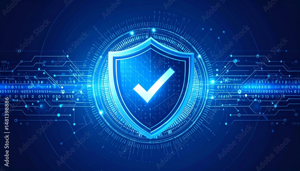 Poster a glowing shield icon with a checkmark, surrounded by digital patterns and binary code, symbolizes c
