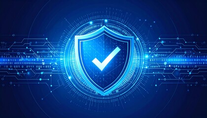 A glowing shield icon with a checkmark, surrounded by digital patterns and binary code, symbolizes cybersecurity and protection in a tech-themed design