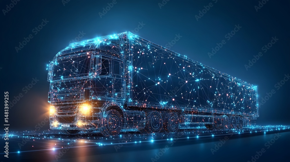 Poster futuristic semi-truck illustration with glowing blue lines forming a wireframe. digital roadway and 