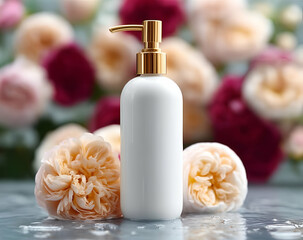 A sleek white pump bottle surrounded by soft pastel peonies, symbolizing beauty and self-care. Perfect for showcasing skincare products in any promotion.
