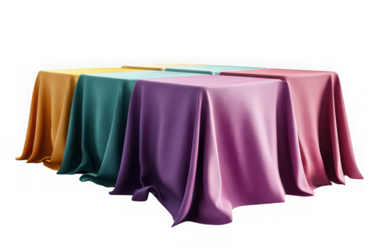 Four tables draped with textured cloth in yellow, teal, purple, and pink colors, showcasing fabric folds and textures isolated on transparent background