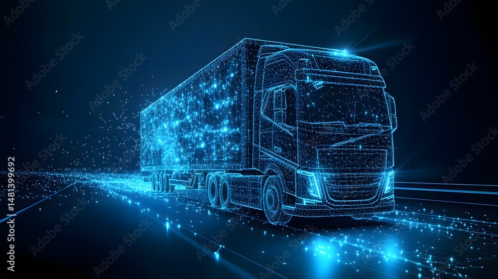 Poster Futuristic semi-truck represented in a digital wireframe design against a dark blue gradient. Symbolizing innovation and interconnected transportation networks. Abstract wireframe in dark blue.
