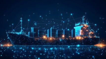 Fototapeta premium Futuristic cargo ship depicted in abstract wireframe on a dark blue, networked background. Glowing reflection enhances the technological, maritime shipping concept. Abstract wireframe in dark blue.