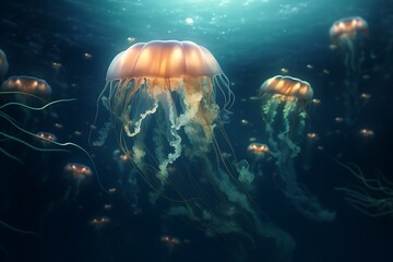 Fototapeta premium Golden Jellyfish Underwater Swarm.