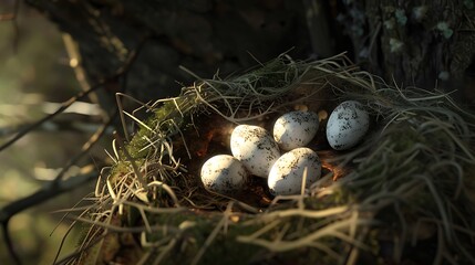 Detailed Close Up View Of A Bird Nest With Eggs Nestled In Tree Branches