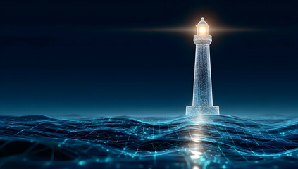 A stunning digital representation of a lighthouse illuminating the dark waters, symbolizing guidance and safety amidst turbulent seas.
