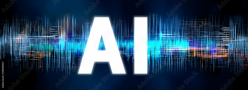 Poster a stunning representation of artificial intelligence with stylized letters and soundwave graphics, c