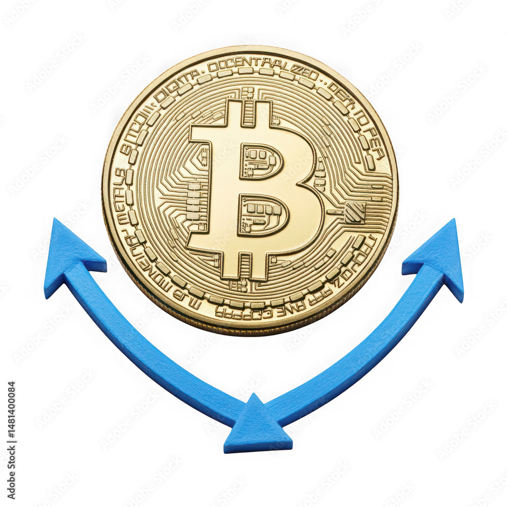 Poster bitcoin with upward arrows isolated on transparent background