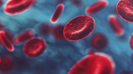 Detailed Macro View of Red Blood Cells Floating in a Blue Background