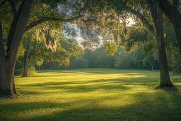 Fototapeta premium Sunlit meadow beneath ancient trees